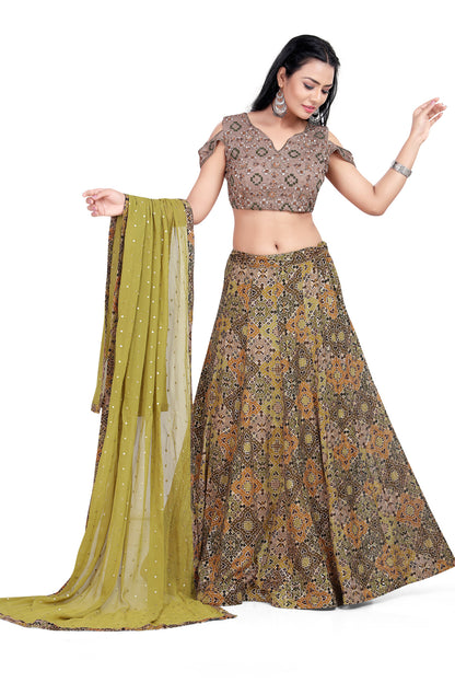 Gorgeous Green and Taupe Sequin Crop Top Lehenga Set-AariAmi Boutique