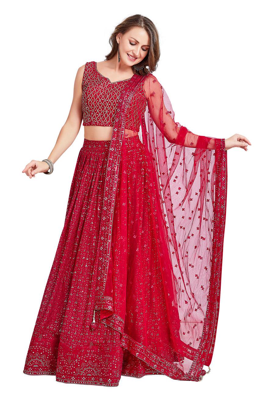 Red Color Bridal Lehenga With Lucknowi and Sequins Embroidery Wedding  Lehenga Choli | Lehenga choli, Indian bridal dress, Modest evening dress