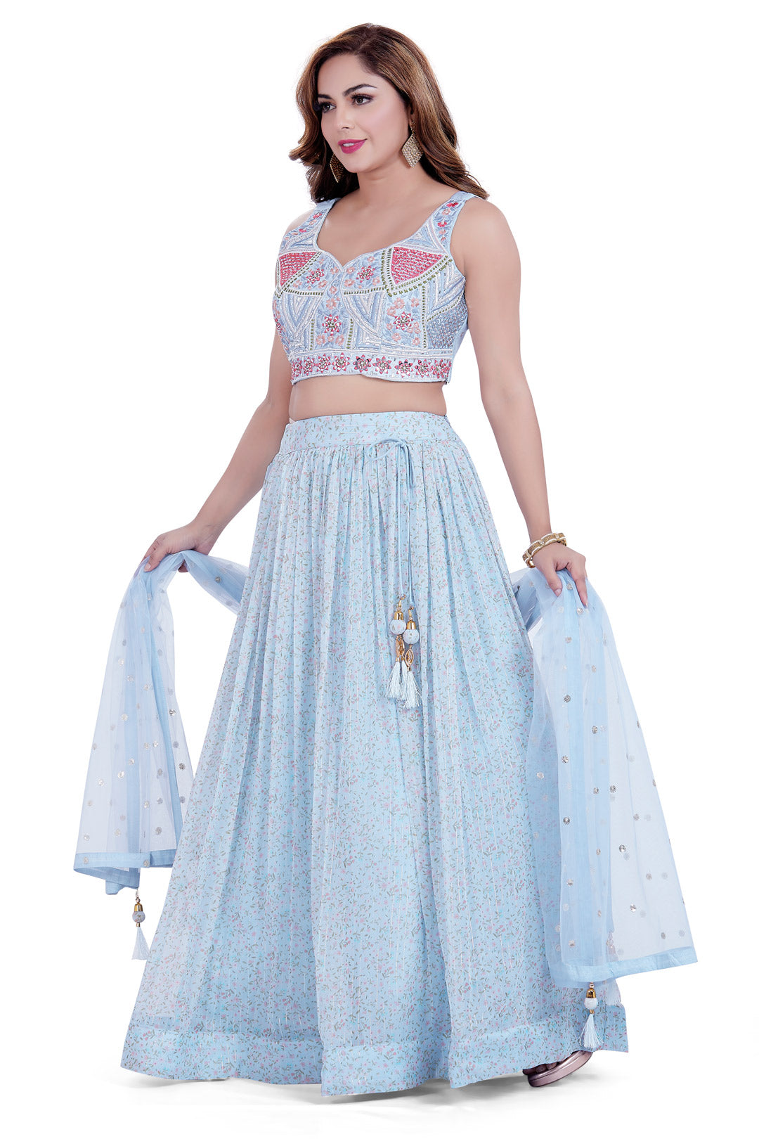 Buy Blue Lehenga & Crop Top Set with Long Cape Sleeve and Embroidery work