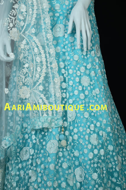 Aqua Blue Lucknowi Embroidered Lehenga Set-AariAmi Boutique