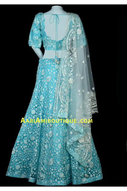 Aqua Blue Lucknowi Embroidered Lehenga Set-AariAmi Boutique