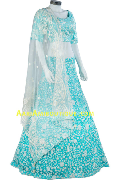 Aqua Blue Lucknowi Embroidered Lehenga Set-AariAmi Boutique