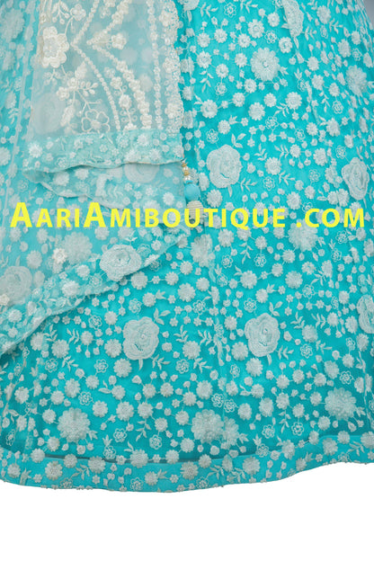 Aqua Blue Lucknowi Embroidered Lehenga Set-AariAmi Boutique