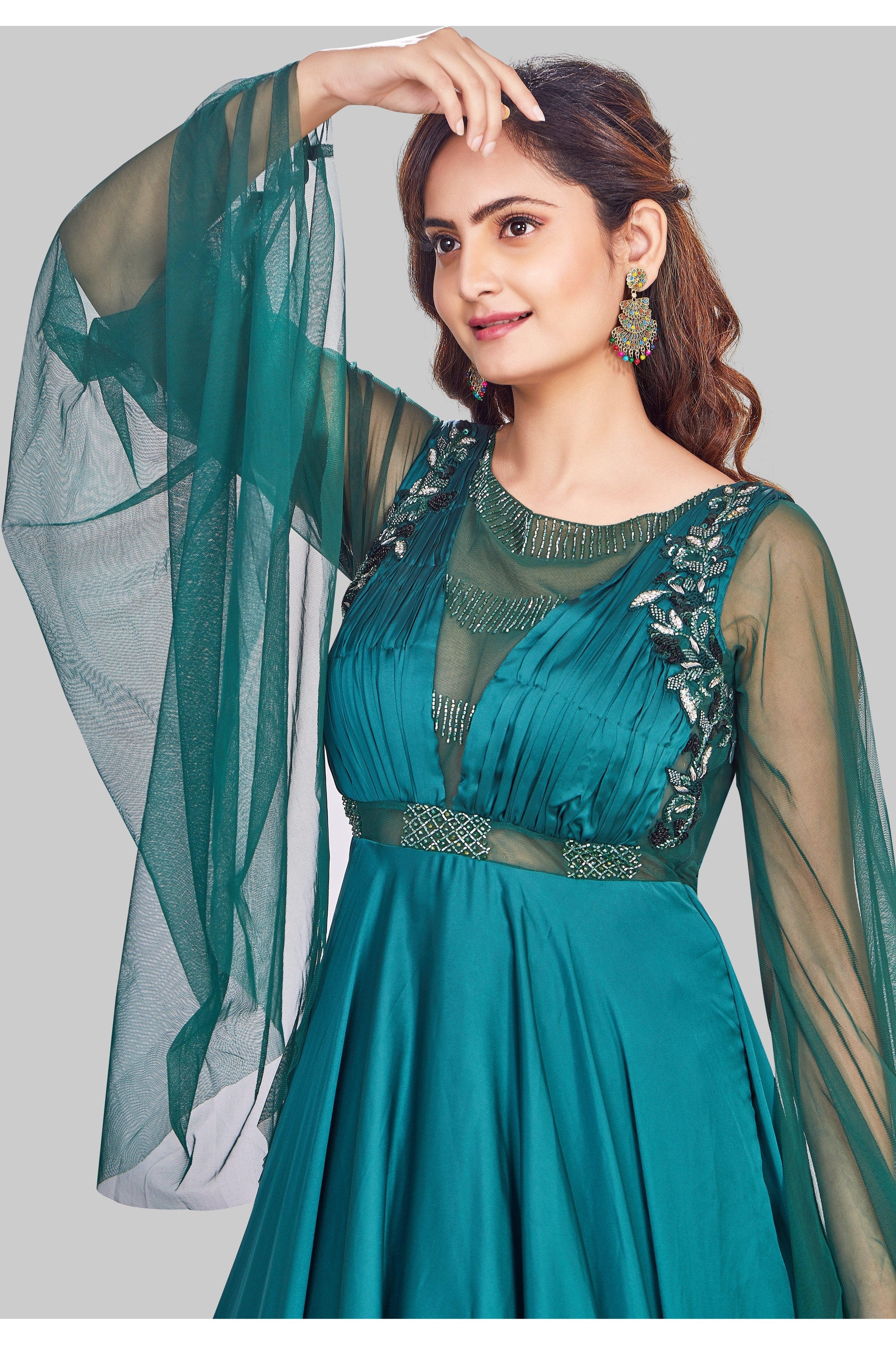 Emerald Green Anarkali with Extended Sleeves – AariAmi Boutique