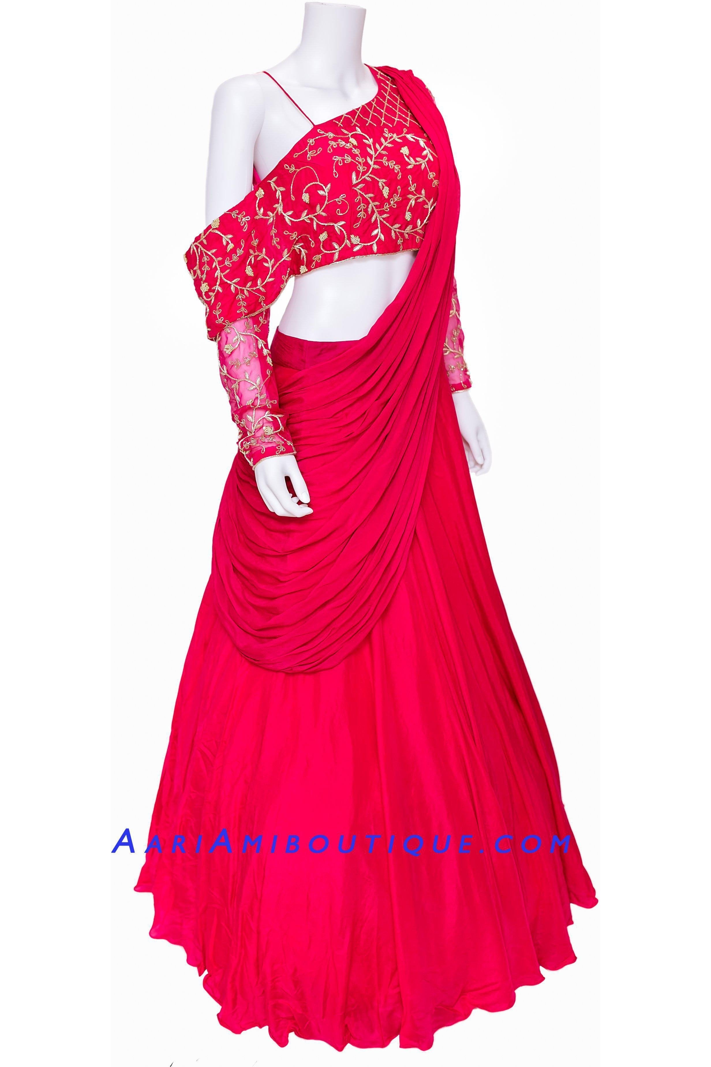 Hot Pink Lehenga with One Shoulder Blouse and attached Drape Dupatta 3