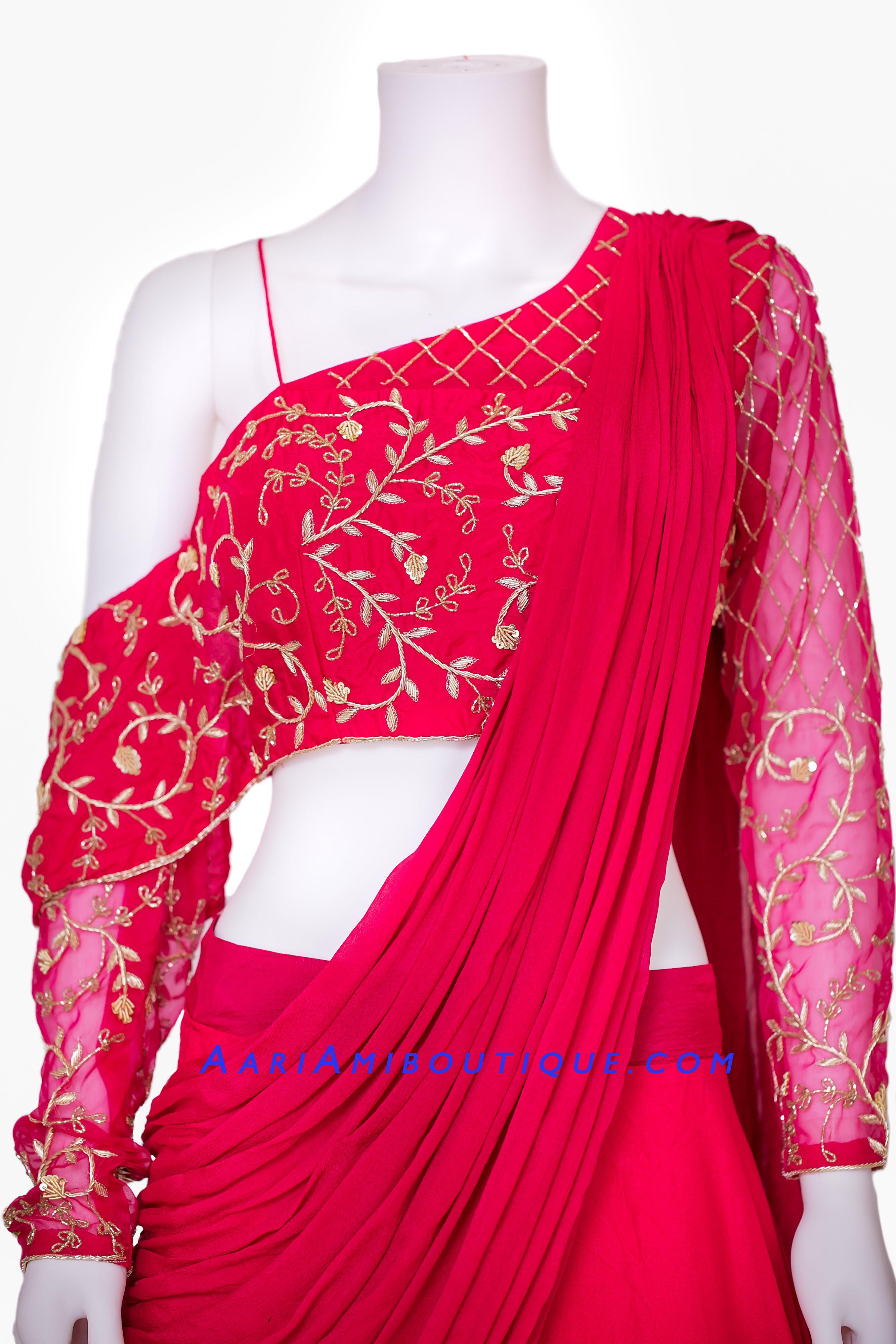 Hot Pink Lehenga with One Shoulder Blouse and attached Drape Dupatta 5